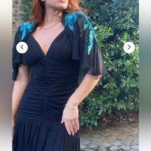 1980s Casadei Black Ruched Turquoise Sequined Gatsby Deco Flapper Dress Cape 12‎